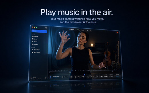 Both hands in the air over a Mac, the notes named as they sound